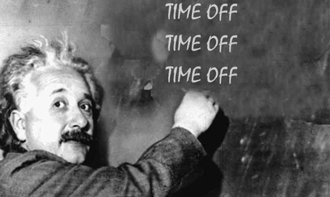 Einstein writing Time Off on the blackboard
